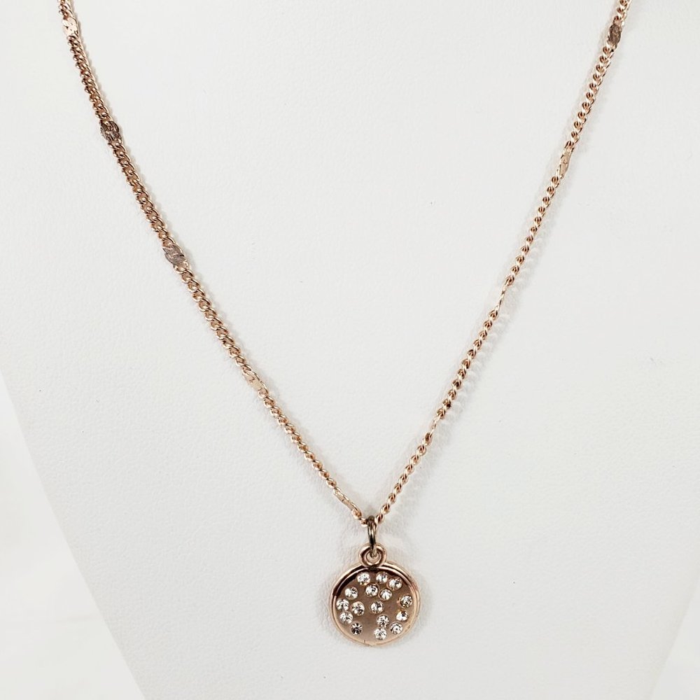 Dainty Rose Gold Tone Curb Link 17" Chain Circle Crystal Pendant Necklace JN981